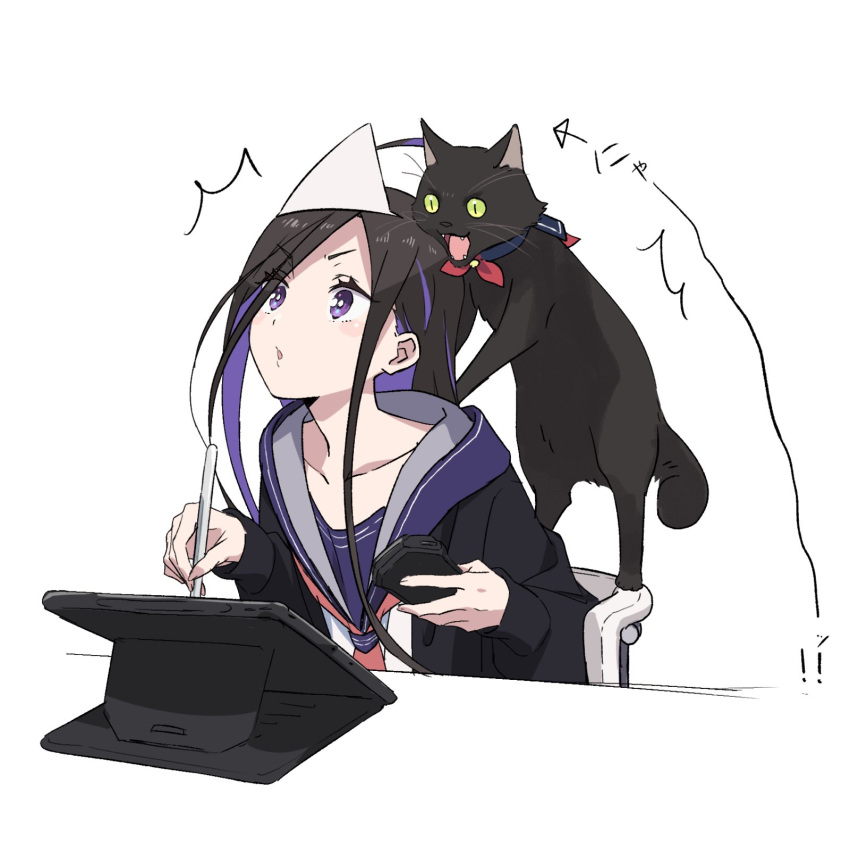 1girl ahoge animal bangs black_cardigan black_cat black_hair cardigan cat chair commentary_request drawing_tablet eyebrows_visible_through_hair green_eyes highres holding holding_stylus multicolored_hair neckerchief on_chair open_cardigan open_clothes original parted_bangs parted_lips purple_hair purple_sailor_collar red_neckwear sailor_collar shirt simple_background sitting solo stylus tama_(tama-s) translation_request triangular_headpiece two-tone_hair upper_body v-shaped_eyebrows violet_eyes white_background white_headwear white_shirt yurako-san_(tama)