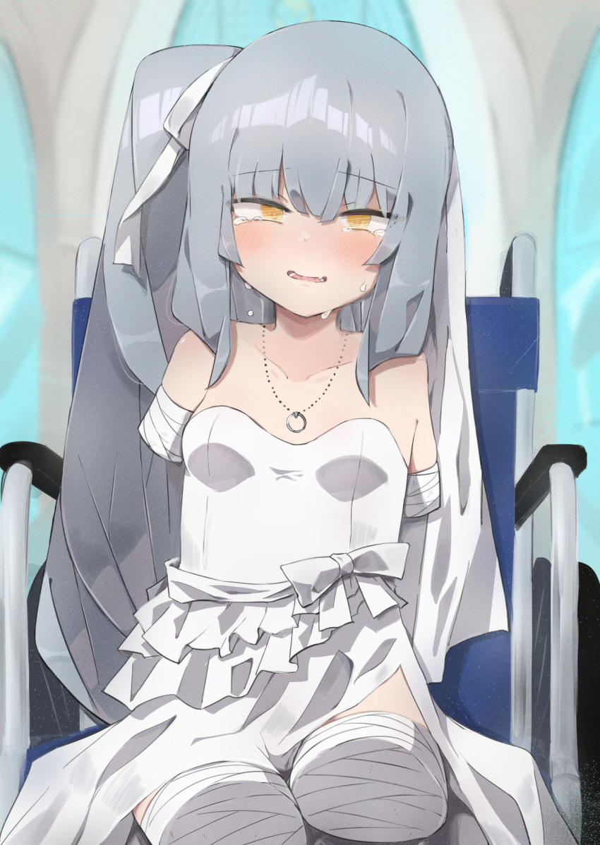 1girl alternate_costume amputee breasts crying crying_with_eyes_open dress grey_hair highres jewelry kantai_collection kasumi_(kancolle) long_hair necklace quadruple_amputee side_ponytail sitting sleeveless sleeveless_dress small_breasts solo strapless strapless_dress stump_cover tears wheelchair white_dress yellow_eyes zeroyon_(yukkuri_remirya)