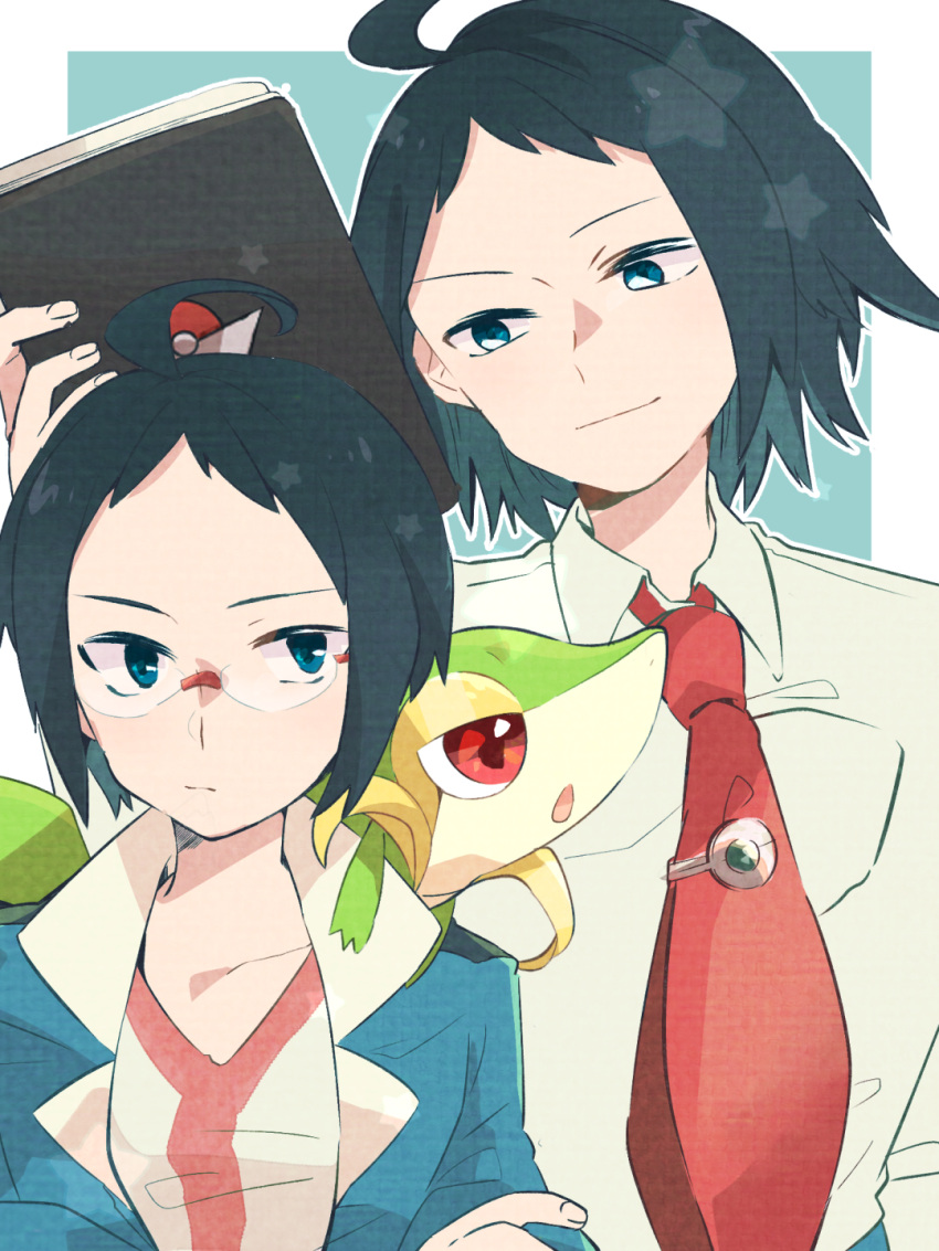 2boys ahoge bangs black_hair blue_eyes blue_jacket cheren_(pokemon) closed_mouth commentary_request dual_persona glasses grey_eyes hand_up highres holding jacket male_focus misha_(ohds101) multiple_boys necktie open_clothes open_jacket pokemon pokemon_(creature) pokemon_(game) pokemon_bw pokemon_bw2 pokemon_on_back red_necktie shirt short_hair smile snivy upper_body white_shirt