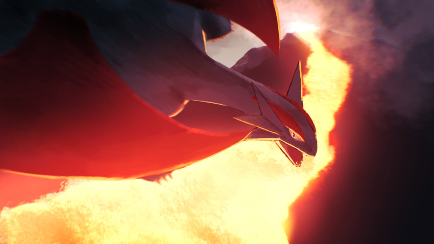 absurdres blurry claws commentary fangs flying from_above higa-tsubasa highres looking_up molten_rock no_humans open_mouth pokemon pokemon_(creature) salamence solo