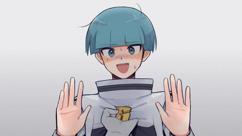 1boy :d bangs blunt_bangs blush commentary_request eyebrows_visible_through_hair furosushi green_eyes green_hair hands_up highres logo long_sleeves looking_at_viewer male_focus open_mouth pokemon pokemon_(game) pokemon_dppt short_hair smile solo sweat team_galactic team_galactic_grunt team_galactic_uniform tongue upper_body