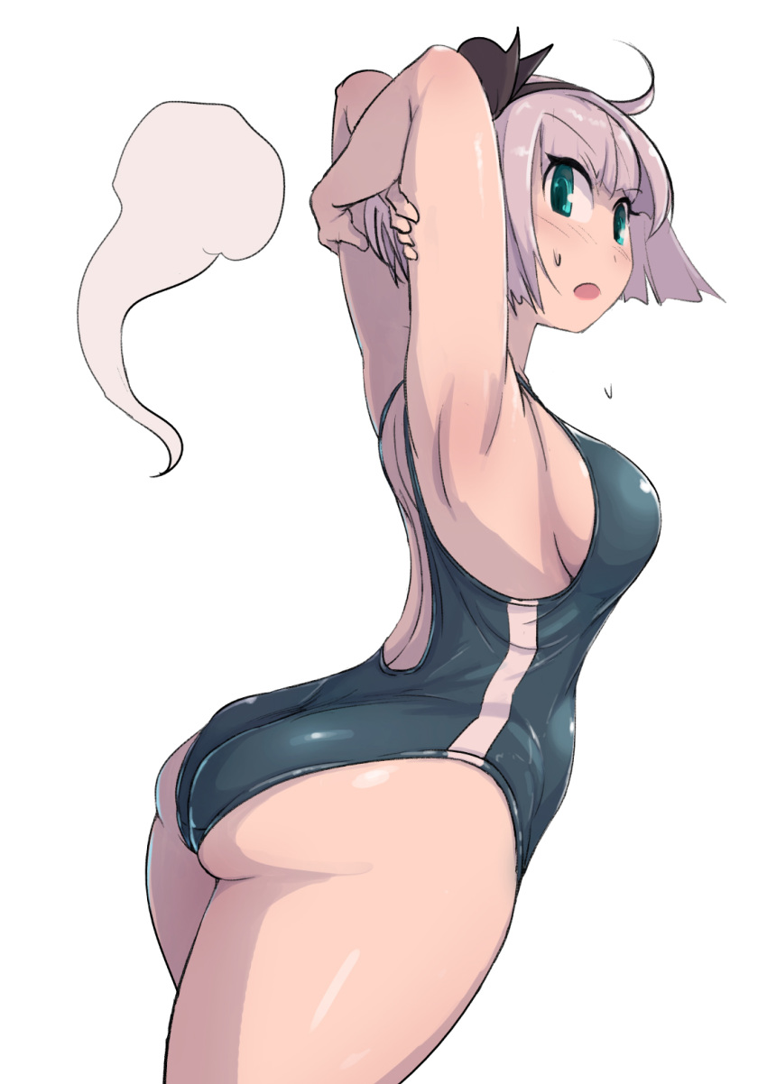 1girl ahoge alternate_costume armpits arms_behind_head ass back back_cutout bangs bare_shoulders black_bow black_hairband blush bob_cut bow breasts clothing_cutout commentary_request enajii ghost green_swimsuit hair_bow hairband highres hitodama konpaku_youmu konpaku_youmu_(ghost) looking_at_viewer medium_breasts open_mouth short_hair shoulder_blades sideboob silver_hair simple_background solo standing sweatdrop swimsuit thighs touhou white_background