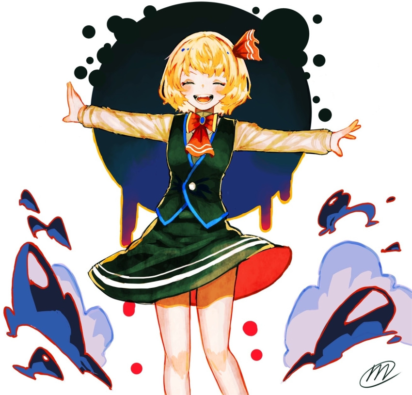 1girl :d arms_at_sides ascot bangs black_skirt blonde_hair blush bob_cut bow bowtie brooch circle closed_eyes commentary_request darkness dripping facing_viewer fangs feet_out_of_frame hair_ribbon highres jewelry long_sleeves mikan_(mimimimikandesu) open_mouth outstretched_arms red_bow red_neckwear red_ribbon ribbon rumia shirt short_hair signature skirt skirt_set smile solo spread_arms teeth touhou upskirt vest white_background white_shirt