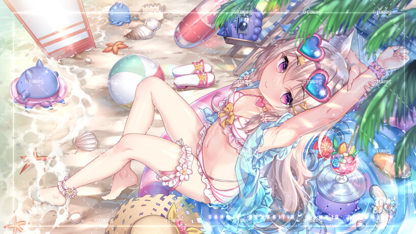1girl ahoge animal_ear_fluff animal_ears ankle_strap armpits artist_name ass bangs bare_shoulders barefoot beach beach_towel bikini blue_shawl bow camera cat_ears cat_girl cat_tail chair cup dotted_line drink drinking_glass flower frilled_bikini frills from_above full_body goggles goggles_on_head hair_between_eyes hair_bow hair_flower hair_ornament hairclip hat heart heart-shaped_eyewear highleg highleg_panties holding_own_arm indie_virtual_youtuber innertube jewelry knees_up leaning_back leg_strap light_brown_hair long_hair looking_at_viewer lotion nail_polish navel necklace off_shoulder panties parted_lips partially_submerged pink_bikini pink_nails pool sandals sandals_removed sannio see-through shawl shell sitting skirt smile snail solo spread_armpit starfish stomach straw_hat sunscreen swimsuit tail tail_ornament towel tree two-tone_bikini underwear very_long_hair violet_eyes virtual_youtuber water watermark white_bikini wristband x_hair_ornament yami_(vtuber) yellow_bow