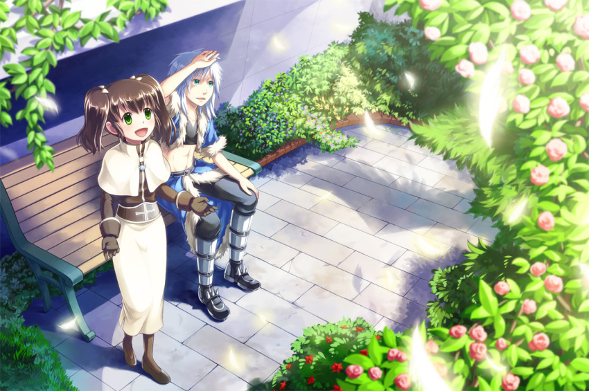1boy 1girl abs acolyte_(ragnarok_online) armored_boots bangs bench black_footwear black_shirt blue_cape blue_jacket boots brown_gloves brown_hair brown_legwear brown_shirt bush cape capelet comiket_86 commentary_request cover cover_page crop_top day doujin_cover flower full_body fur-trimmed_cape fur-trimmed_jacket fur_trim gloves green_eyes jacket long_hair looking_afar natsuya_(kuttuki) open_clothes open_jacket open_mouth outdoors pantyhose purple_flower ragnarok_online red_flower rose shirt shoes short_sleeves sitting skirt smile stalker_(ragnarok_online) standing twintails waist_cape white_capelet white_hair white_skirt