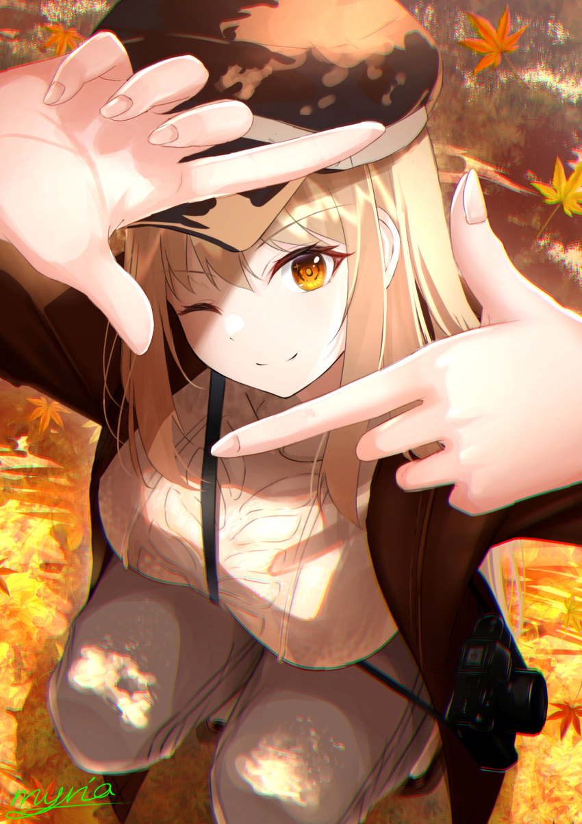 1girl autumn_leaves between_breasts blonde_hair breasts brown_eyes camera chromatic_aberration closed_mouth eyebrows_visible_through_hair finger_frame from_above hair_between_eyes hat highres jacket large_breasts leaf long_hair looking_at_viewer maple_leaf myria_(7855) one_eye_closed original pants shade signature smile solo squatting strap_between_breasts sweater tan_sweater tree_shade