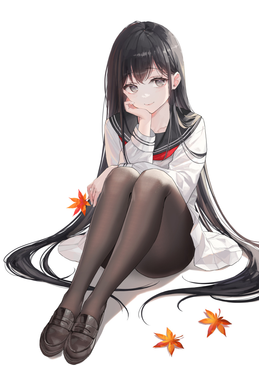 1girl black_eyes black_footwear black_hair black_legwear closed_mouth commentary eyebrows_visible_through_hair eyelashes full_body hand_on_own_chin head_rest highres holding holding_leaf leaf legs_together loafers long_hair long_sleeves looking_at_viewer maple_leaf miniskirt okuma_mai original pantyhose pleated_skirt sailor_collar school_uniform serafuku shirt shoes simple_background sitting skirt smile solo straight_hair very_long_hair white_background white_shirt white_skirt