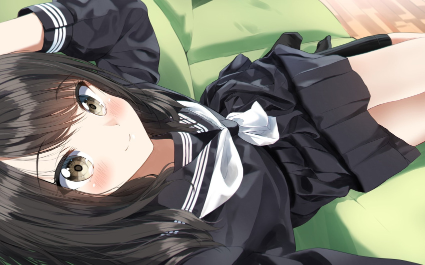 1girl arm_up bangs black_hair black_legwear black_sailor_collar black_serafuku black_shirt black_skirt blush brown_eyes closed_mouth commentary_request couch eyebrows_visible_through_hair highres indoors long_sleeves neckerchief no_shoes on_couch original pentagon_(railgun_ky1206) pleated_skirt sailor_collar school_uniform serafuku shirt skirt smile socks solo white_neckerchief wooden_floor