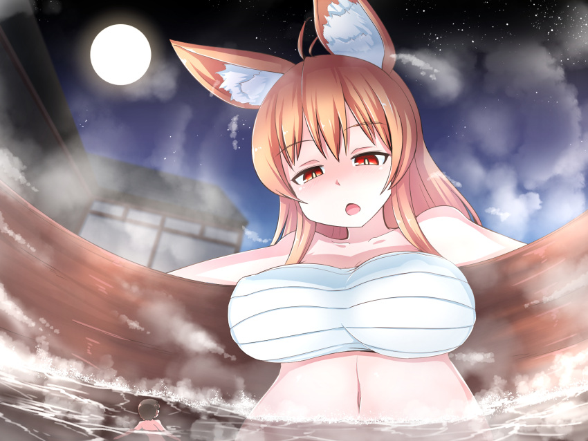1boy 1girl animal_ear_fluff animal_ears architecture bare_shoulders blonde_hair breasts commentary_request east_asian_architecture eye_contact eyebrows_visible_through_hair fox_ears fox_girl full_moon giant giantess highres hot_tub large_breasts looking_at_another miniboy moon navel night night_sky onsen open_mouth orange_eyes original sarashi size_difference sky star_(sky) steam terada_ochiko water