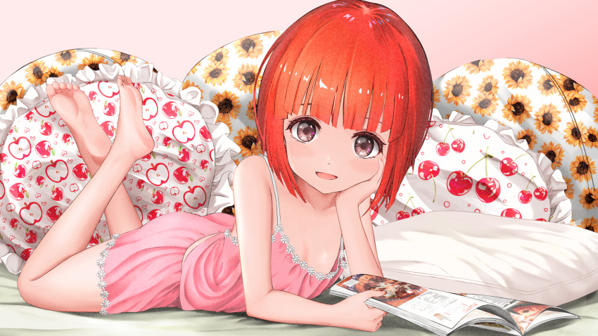 1girl absurdres akai_ringo_(ookami-san) apple_print bangs bare_legs barefoot brown_eyes cherry_print commentary_request crossed_ankles feet feet_up flat_chest floral_print food_print frilled_pillow frills gibun_(sozoshu) hand_on_own_cheek hand_on_own_face highres looking_at_viewer lying on_bed on_stomach ookami-san open_magazine open_mouth pillow pink_babydoll pink_shorts print_pillow redhead shiny shiny_hair short_hair shorts smile soles solo sunflower_print tareme the_pose