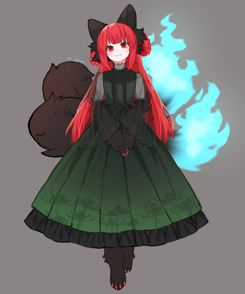 1girl absurdres alternate_hairstyle animal_ears animal_hands blue_fire cat_ears cat_paws cat_tail claws dress egret fire flower fluffy green_dress highres kaenbyou_rin long_hair multiple_tails nekomata one-hour_drawing_challenge red_eyes redhead simple_background slit_pupils smile solo spider_lily standing tail touhou translucent