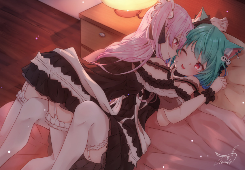 1girl 2girls ahoge animal_ears black_choker black_dress blue_hair blush cat_ears choker dress dual_persona ear_piercing ear_ribbon frilled_dress frilled_legwear frilled_straps frills garter_straps gradient_hair green_hair hololive lace lace_choker long_hair multicolored_hair multiple_girls off-shoulder_dress off_shoulder on_bed piercing pink_hair purple_(jobseeking) red_eyes see-through_sleeves selfcest short_dress short_sleeves thigh-highs two_side_up uruha_rushia virtual_youtuber white_garter_straps white_legwear wristband