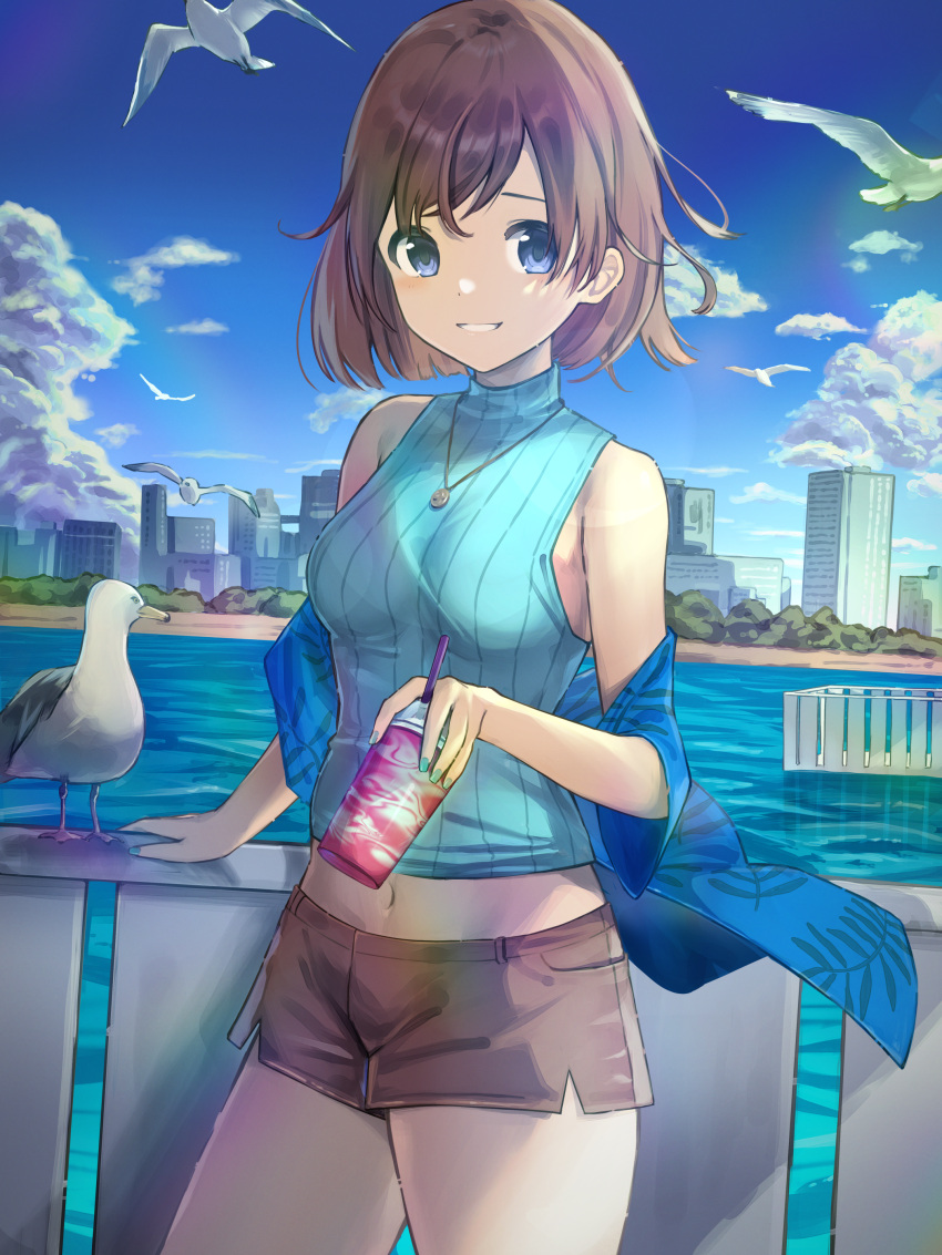 1girl absurdres akira_tooru animal bangs bird blue_eyes blue_jacket blue_skirt blue_sweater bob_cut breasts brown_hair brown_shorts cityscape clouds commentary_request cowboy_shot cup day disposable_cup drinking_straw hand_on_railing highres jacket jewelry looking_at_viewer medium_breasts midriff navel necklace off_shoulder original outdoors seagull short_hair short_shorts shorts skirt sleeveless sleeveless_sweater smile solo standing sweater swept_bangs turtleneck turtleneck_sweater water wind