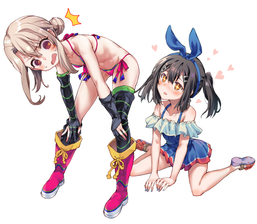 2girls asymmetrical_gloves asymmetrical_legwear bangs bare_shoulders bent_over bikini black_gloves black_hair black_legwear blush boots boshi_(a-ieba) breasts brown_eyes collarbone double_bun fate/grand_order fate/kaleid_liner_prisma_illya fate_(series) gloves hair_ornament hairclip highres illyasviel_von_einzbern illyasviel_von_einzbern_(swimsuit_archer)_(fate) knee_boots long_hair miyu_edelfelt multiple_girls navel partially_fingerless_gloves pink_bikini pink_footwear red_eyes sidelocks small_breasts swimsuit thigh-highs white_hair