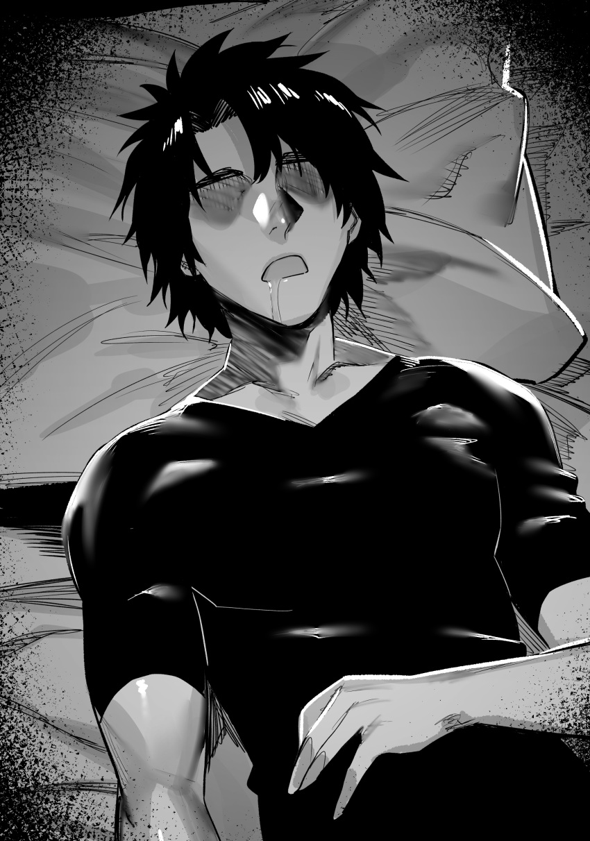 1boy absurdres drooling faceless faceless_male fate/grand_order fate_(series) fujimaru_ritsuka_(male) greyscale highres hxd lying male_focus monochrome on_back open_mouth saliva sleeping solo