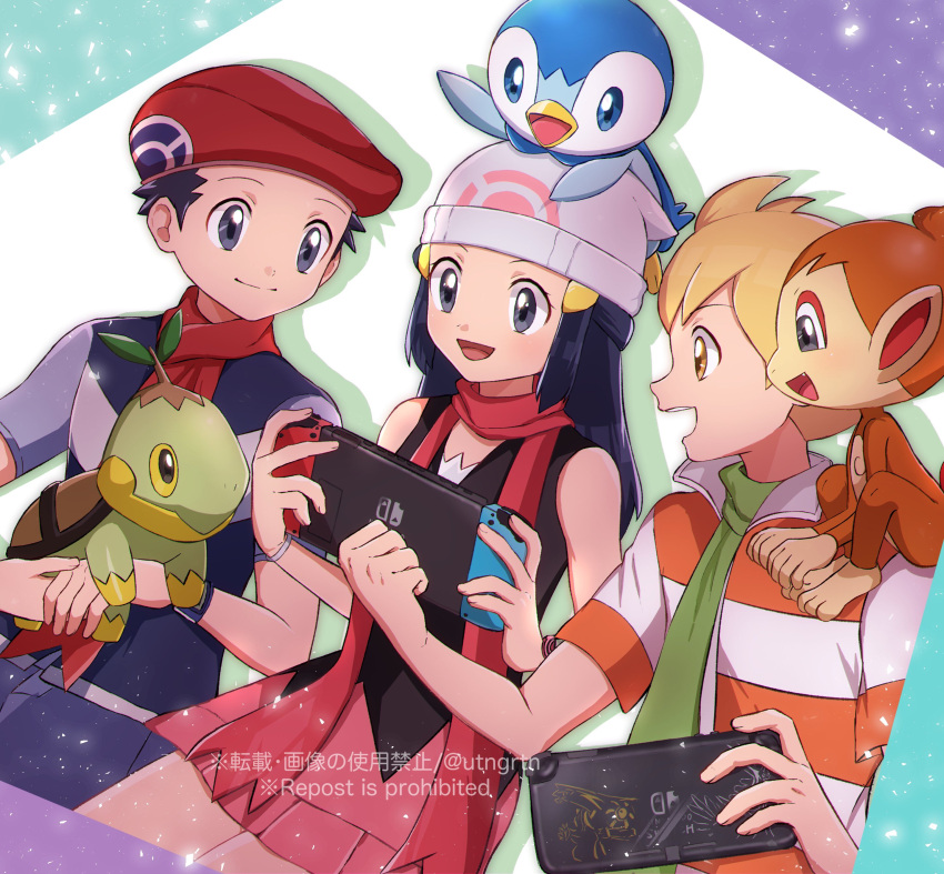 1girl 2boys absurdres barry_(pokemon) beanie black_shirt blonde_hair bracelet chimchar clenched_hand commentary_request fuyu_(utngrtn) green_scarf handheld_game_console hat highres hikari_(pokemon) holding holding_handheld_game_console holding_pokemon jacket jewelry lucas_(pokemon) multiple_boys nintendo_switch on_head on_shoulder open_mouth orange_eyes pink_skirt piplup pokemon pokemon_(creature) pokemon_(game) pokemon_dppt pokemon_on_head pokemon_on_shoulder red_headwear red_scarf scarf shirt short_hair short_sleeves skirt sleeveless sleeveless_shirt smile starter_pokemon_trio striped striped_jacket teeth turtwig upper_teeth white_headwear