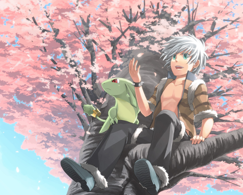 1boy animal_print bangs black_pants blue_sky bracelet brown_jacket cherry_blossoms commentary_request creature crown day full_body fur-trimmed_jacket fur-trimmed_pants fur_trim green_eyes jacket jewelry looking_afar natsuya_(kuttuki) open_clothes open_jacket open_mouth outdoors pants petite_(ragnarok_online) print_jacket ragnarok_online rogue_(ragnarok_online) shoes short_sleeves sitting_on_branch sky smile spiked_bracelet spikes standing tiger_print tree white_hair
