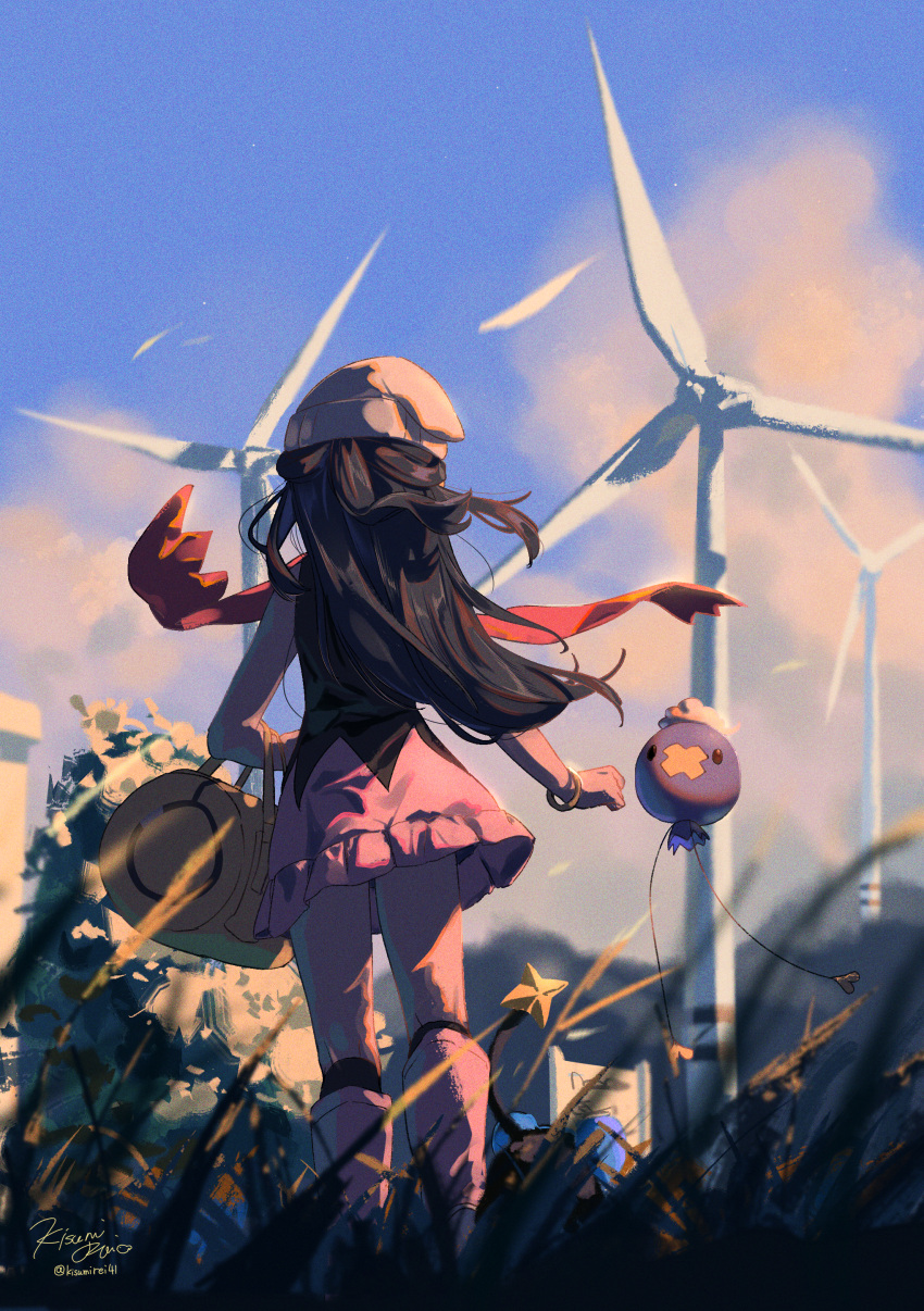 1girl absurdres bag beanie black_eyes black_hair black_legwear black_shirt boots bracelet clouds commentary_request dress drifloon duffel_bag facing_away floating_hair flying from_behind from_below grass hat highres hikari_(pokemon) jewelry kisumi_rei knee_boots kneehighs long_hair outdoors pink_footwear pink_skirt pokemon pokemon_(creature) pokemon_(game) pokemon_dppt red_scarf scarf shadow shinx shirt sign skirt sky standing star_(symbol) sunset walking wind wind_lift wind_turbine yellow_bag