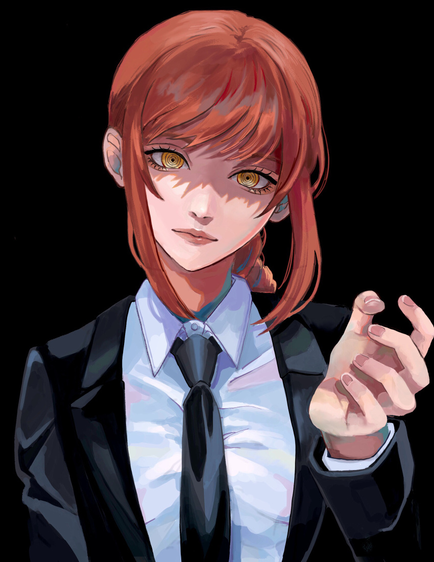 1girl black_jacket black_necktie black_neckwear braid braided_ponytail brown_hair business_suit chainsaw_man clenched_hand expressionless formal hand_up head_tilt highres jacket long_hair looking_at_viewer makima_(chainsaw_man) necktie ringed_eyes solo suit user_kszr4283 yellow_eyes
