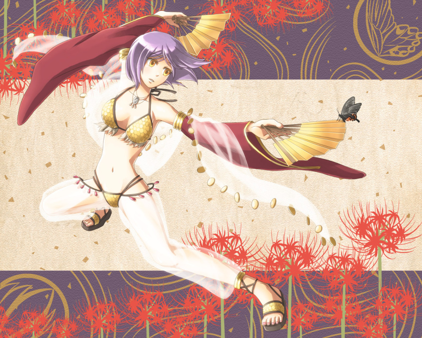 1girl arm_up bangs bikini black_footwear breasts bug butterfly commentary_request detached_sleeves flower folding_fan full_body gem gypsy_(ragnarok_online) hand_fan holding holding_fan jewelry looking_afar medium_breasts natsuya_(kuttuki) navel necklace open_mouth pants purple_hair ragnarok_online red_flower red_sleeves sandals see-through sequins short_hair solo spider_lily swimsuit white_pants yellow_bikini yellow_eyes