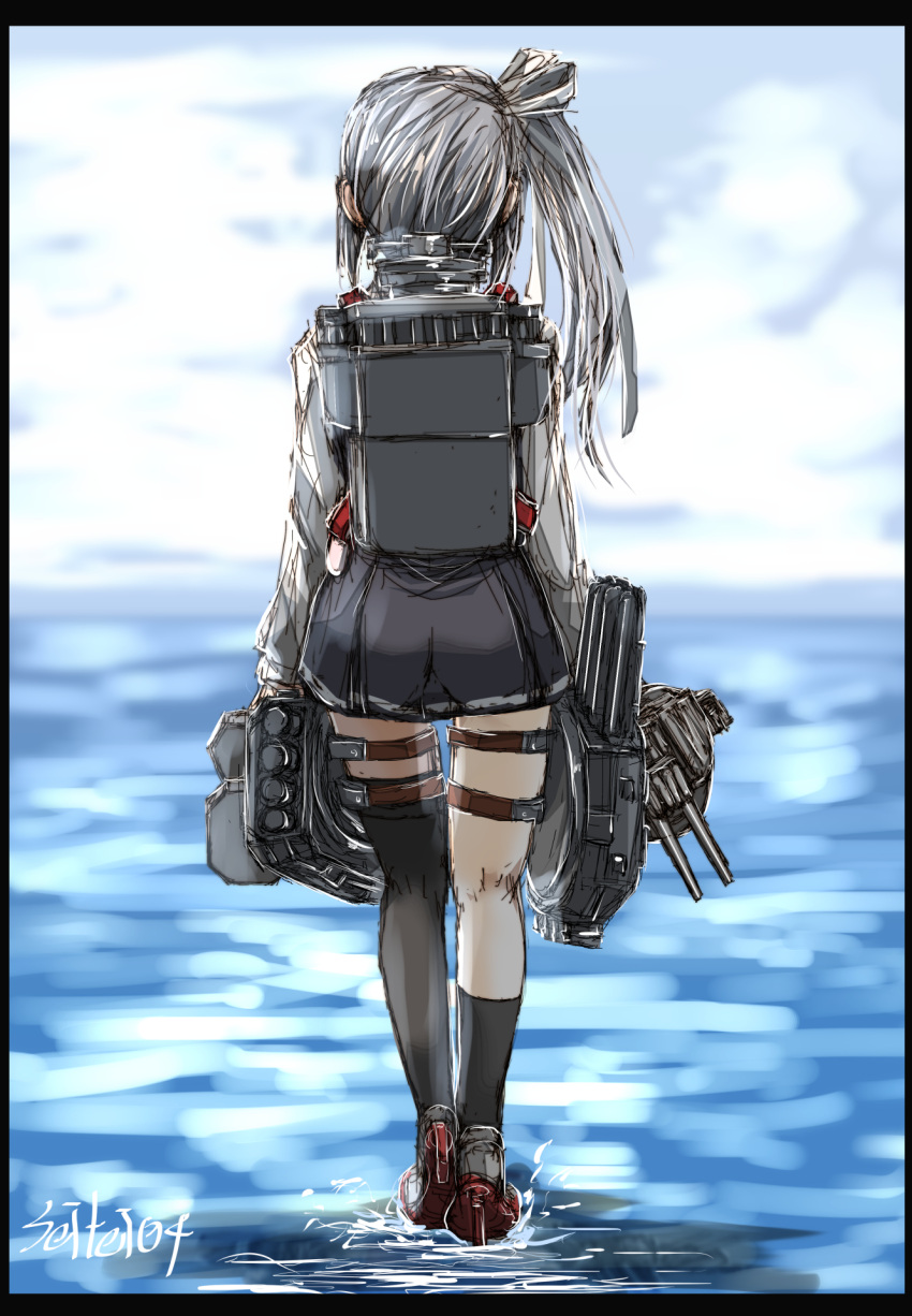 1girl black_legwear boots cannon clouds commentary_request from_behind full_body grey_footwear grey_skirt highres holding kantai_collection kasumi_(kancolle) kneehighs long_hair machinery ocean seitei_(04seitei) shirt side_ponytail silver_hair single_kneehigh single_thighhigh skirt sky solo thigh-highs torpedo_launcher turret twitter_username white_shirt