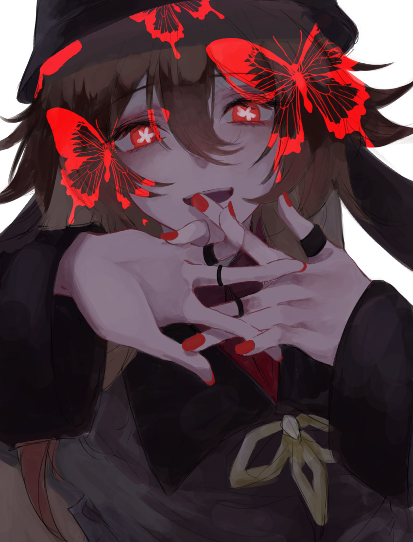 1girl absurdres bangs brown_hair bug butterfly eyebrows_visible_through_hair flower-shaped_pupils genshin_impact hair_between_eyes hat highres hu_tao_(genshin_impact) ix1xu jewelry long_hair long_sleeves looking_at_viewer low_twintails multiple_rings nail_polish parted_lips red_butterfly red_eyes red_nails ring simple_background solo symbol-shaped_pupils twintails upper_body white_background