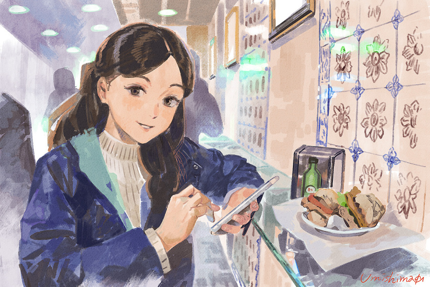 1girl black_eyes black_hair blue_jacket food hair_behind_ear jacket long_hair long_sleeves looking_at_viewer original parted_lips plate reflection signature smile solo sweater umishima_senbon upper_body white_sweater