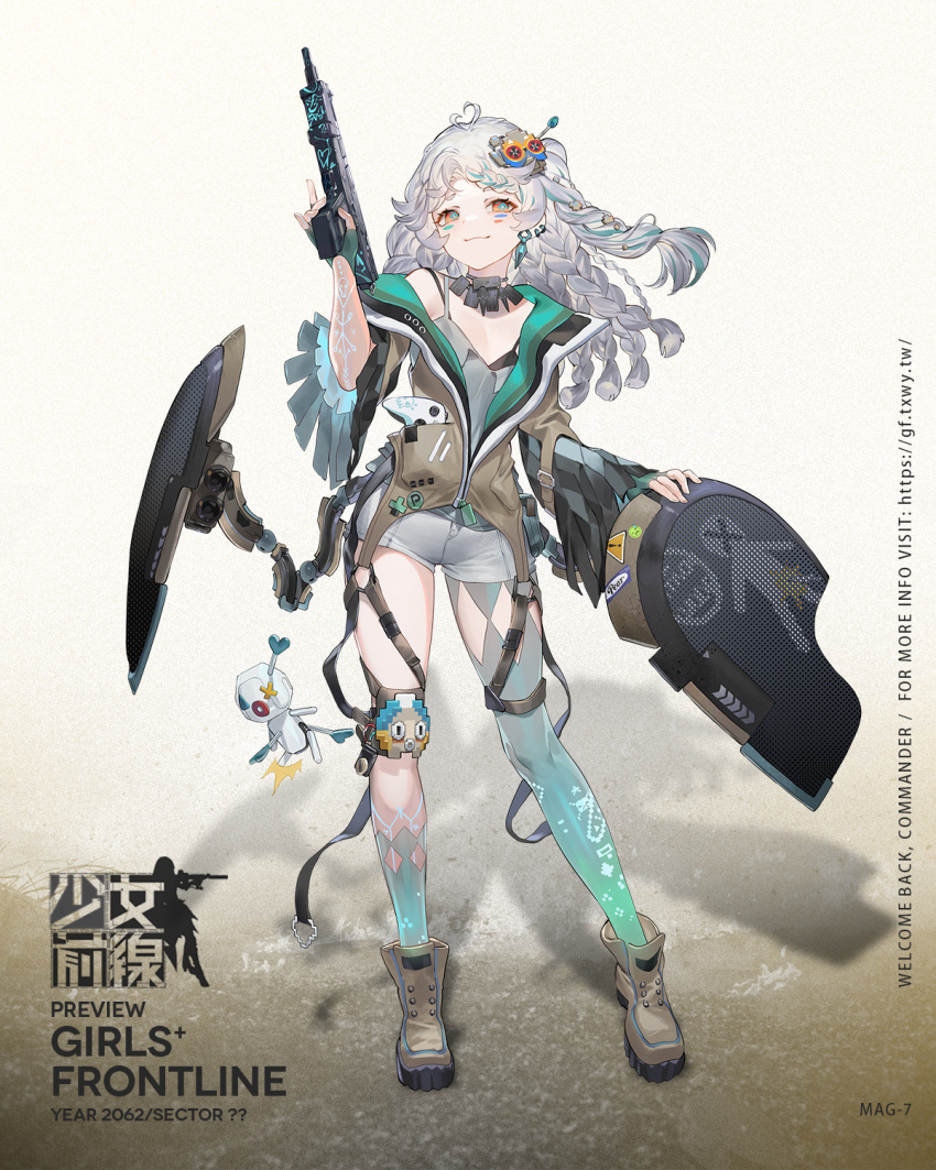 1girl aqua_legwear artist_request asymmetrical_legwear bangs black_bra boots bra bra_strap braid breasts brown_footwear brown_jacket character_name closed_mouth collarbone commentary_request copyright_name eyebrows_visible_through_hair full_body girls_frontline grey_hair grey_legwear grey_shirt grey_shorts gun hair_between_eyes hair_ornament hairclip highres holding holding_gun holding_weapon jacket long_hair looking_at_viewer mag-7 mag-7_(girls'_frontline) official_art open_clothes open_jacket orange_eyes promotional_art shirt shorts shotgun simple_background small_breasts smile solo standing thigh-highs underwear weapon