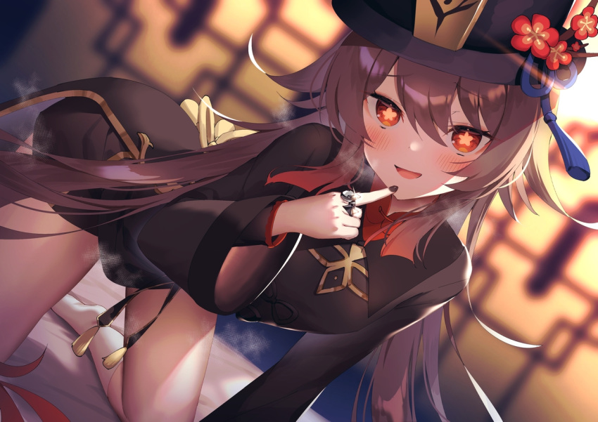 1girl :d all_fours bangs black_nails blurry blurry_background blush breath brown_hair coattails commentary_request flower genshin_impact hair_between_eyes hat hat_flower hu_tao_(genshin_impact) index_finger_raised jewelry long_hair looking_at_viewer mintoaisu multiple_rings no_shoes open_mouth porkpie_hat raised_eyebrows red_eyes ring shorts sidelocks smile socks solo tassel thighs twintails very_long_hair wide_sleeves
