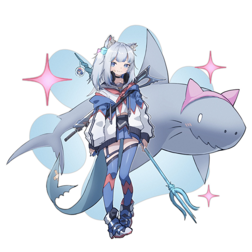 1girl absurdres alternate_costume animal_ear_fluff animal_ears bandaid bandaid_on_face bangs blue_eyes blue_hair blue_legwear blue_skirt blush blush_stickers breasts cat_ears closed_mouth einheadt english_commentary fake_animal_ears fang fins gawr_gura gills gun highres holding holding_polearm holding_weapon hololive hololive_english hood hoodie jacket long_sleeves looking_at_viewer medium_breasts medium_hair miniskirt multicolored_hair pleated_skirt polearm red_neckwear red_ribbon ribbon school_uniform serafuku shark sharp_teeth shirt shoes silver_hair simple_background skin_fang skirt smile sneakers solo sparkle standing strap teeth thigh-highs trident two-tone_hair virtual_youtuber weapon weapon_on_back white_background white_jacket white_shirt
