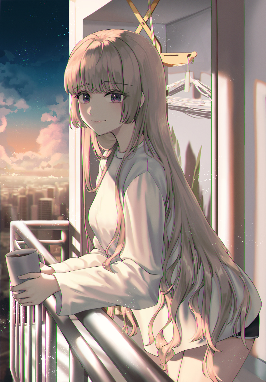 1girl absurdres balcony bangs black_shorts blurry blurry_background blush building city closed_mouth clouds cup dolphin_shorts expressionless highres holding holding_cup jisu_lee long_hair long_sleeves looking_at_viewer original outdoors railing shirt shorts sky solo standing sun sunset violet_eyes white_hair white_shirt