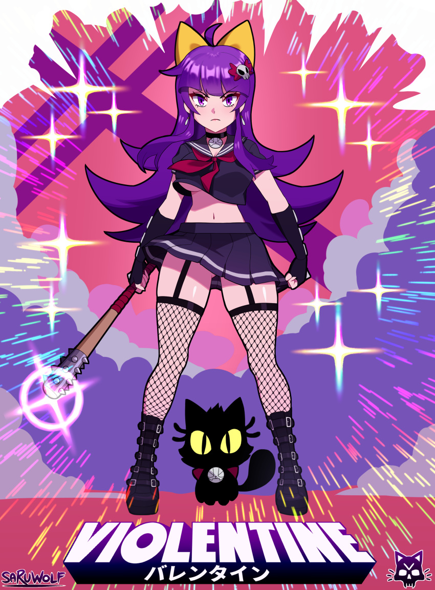 1girl absurdres ahoge artist_name bangs baseball_bat black_cat black_choker blunt_bangs boots bow breasts cat character_name choker clenched_hand closed_mouth cross-laced_footwear detached_sleeves explosion fishnet_legwear fishnets frown full_body gothic hair_ornament highres holding holding_weapon large_breasts long_hair navel original purple_hair sarukaiwolf school_uniform shiny shiny_skin short_sleeves skirt skull_hair_ornament solo sparkle thigh-highs under_boob v-shaped_eyebrows vio_valentine violet_eyes weapon yellow_bow