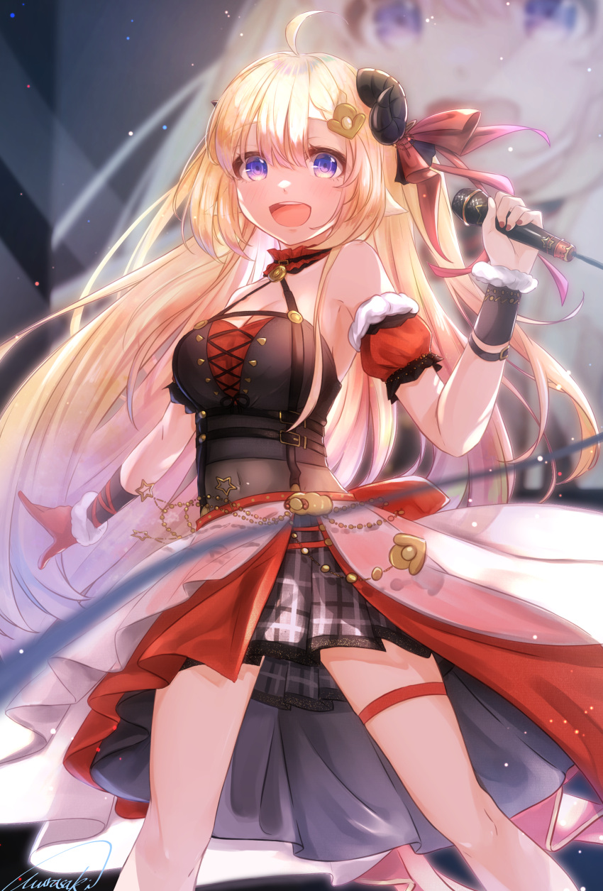 1girl :d absurdres animal_ears blonde_hair breasts choker commentary covered_navel cross-laced_clothes cross-laced_top detached_sleeves english_commentary frilled_choker frills gloves halter_top halterneck highres holding holding_microphone hololive horns large_breasts long_hair looking_at_viewer microphone midriff miniskirt music official_alternate_costume open_mouth overskirt puffy_short_sleeves puffy_sleeves purple_(jobseeking) red_choker red_gloves sheep_ears sheep_girl sheep_horns short_sleeves singing single_glove skirt smile solo thigh_strap tsunomaki_watame very_long_hair violet_eyes virtual_youtuber