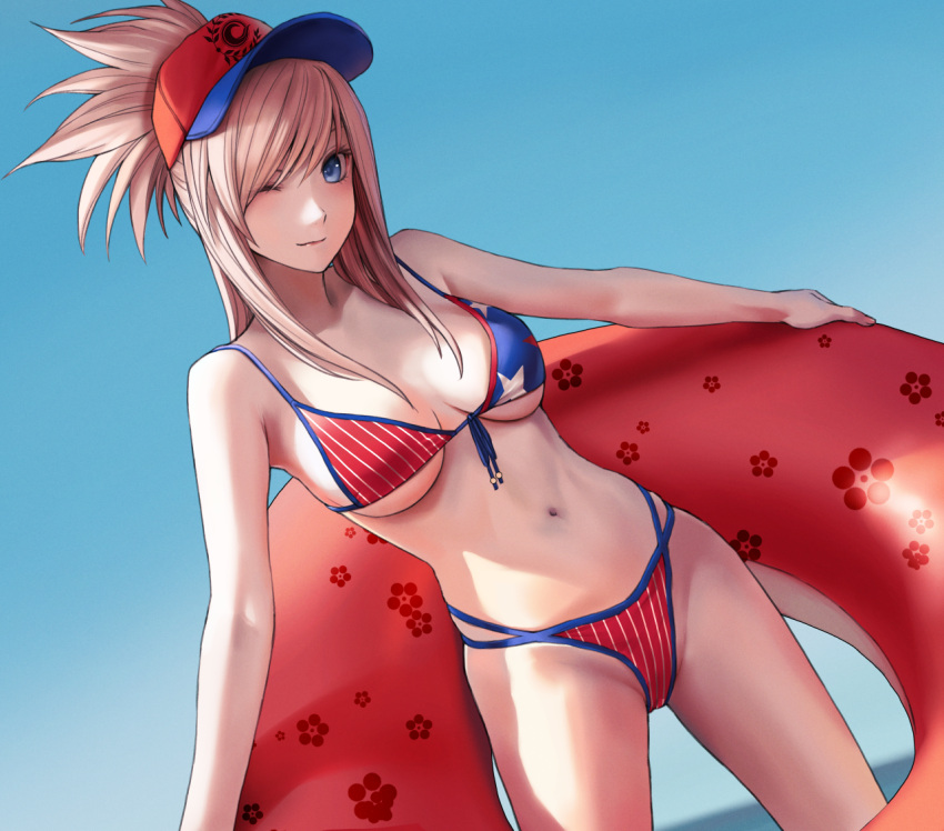 1girl american_flag_bikini applekun bangs baseball_cap bikini blue_eyes blue_sky breasts closed_mouth day dutch_angle fate/grand_order fate_(series) flag_print front-tie_bikini front-tie_top groin hat holding holding_innertube innertube long_hair looking_at_viewer medium_breasts miyamoto_musashi_(fate) miyamoto_musashi_(swimsuit_berserker)_(fate) multicolored_bikini multicolored_clothes multicolored_headwear navel one_eye_closed outdoors pink_hair ponytail sky smile solo standing stomach swept_bangs swimsuit