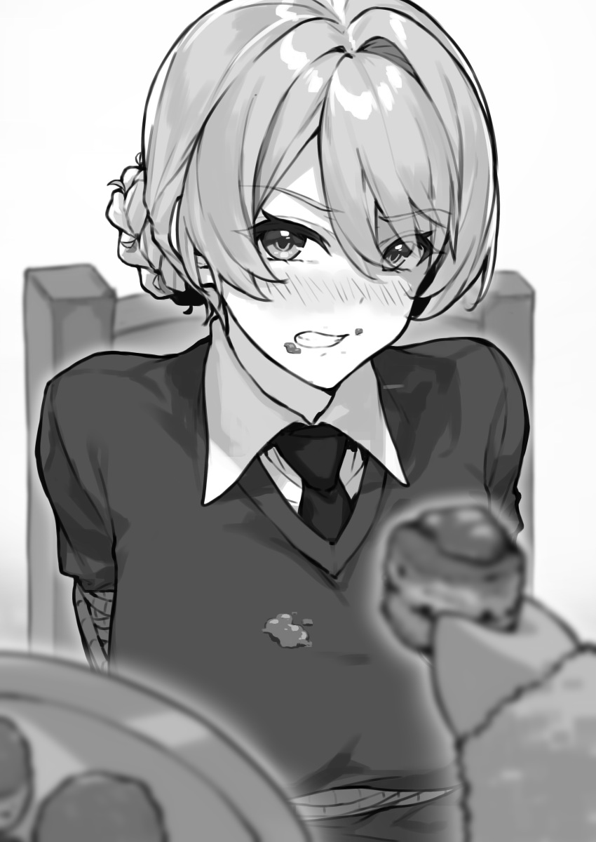 absurdres angry bangs blush bound chair clenched_teeth darjeeling_(girls_und_panzer) dress_shirt feeding food food_on_breasts food_on_face force-feeding girls_und_panzer greyscale highres holding holding_food kimi_tsuru looking_at_viewer monochrome necktie pov rope shirt short_hair sweater teeth tied_hair tied_to_chair v-neck white_background white_shirt