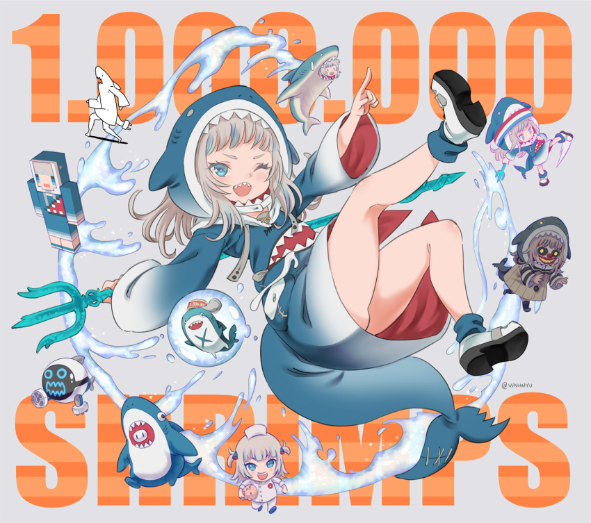 1girl animal_costume animal_hood bangs bloop_(gawr_gura) blue_eyes blue_hair blue_hoodie blue_legwear blush fish_tail full_body gawr_gura grey_hair highres holding holding_weapon hololive hololive_english hood hoodie index_finger_raised legs long_hair long_sleeves looking_at_viewer minecraft multicolored_hair one_eye_closed open_mouth polearm shark shark_costume shark_girl shark_hood shark_tail sharp_teeth smile streaked_hair tail teeth thighs trident vinhnyu virtual_youtuber weapon white_footwear