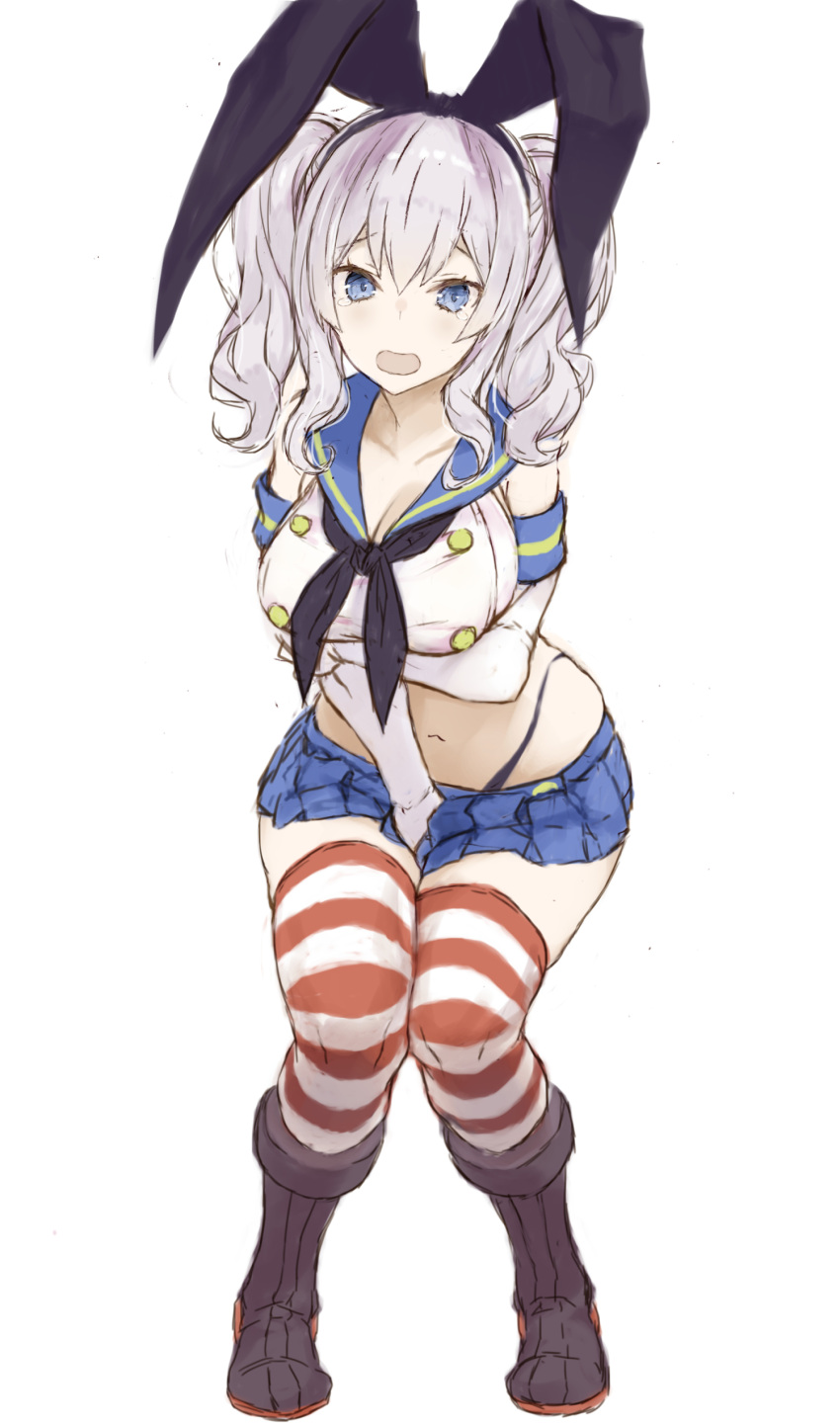 1girl absurdres arm_under_breasts black_hairband black_neckerchief black_panties blue_eyes blue_sailor_collar blue_skirt breast_hold breasts commentary_request cosplay crop_top elbow_gloves embarrassed full_body gloves hairband highleg highleg_panties highres kantai_collection kashima_(kancolle) large_breasts long_hair microskirt miniskirt navel neckerchief panties pleated_skirt revision ryo_(tg290) sailor_collar shimakaze_(kancolle) shimakaze_(kancolle)_(cosplay) sidelocks silver_hair simple_background skirt solo standing striped striped_legwear thigh-highs twintails twitter_username underwear wavy_hair white_background white_gloves