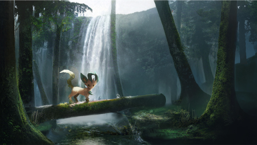 brown_eyes commentary_request day leafeon looking_to_the_side moss nekowachi_(redsugar0126) no_humans outdoors pokemon pokemon_(creature) river solo standing tree water waterfall