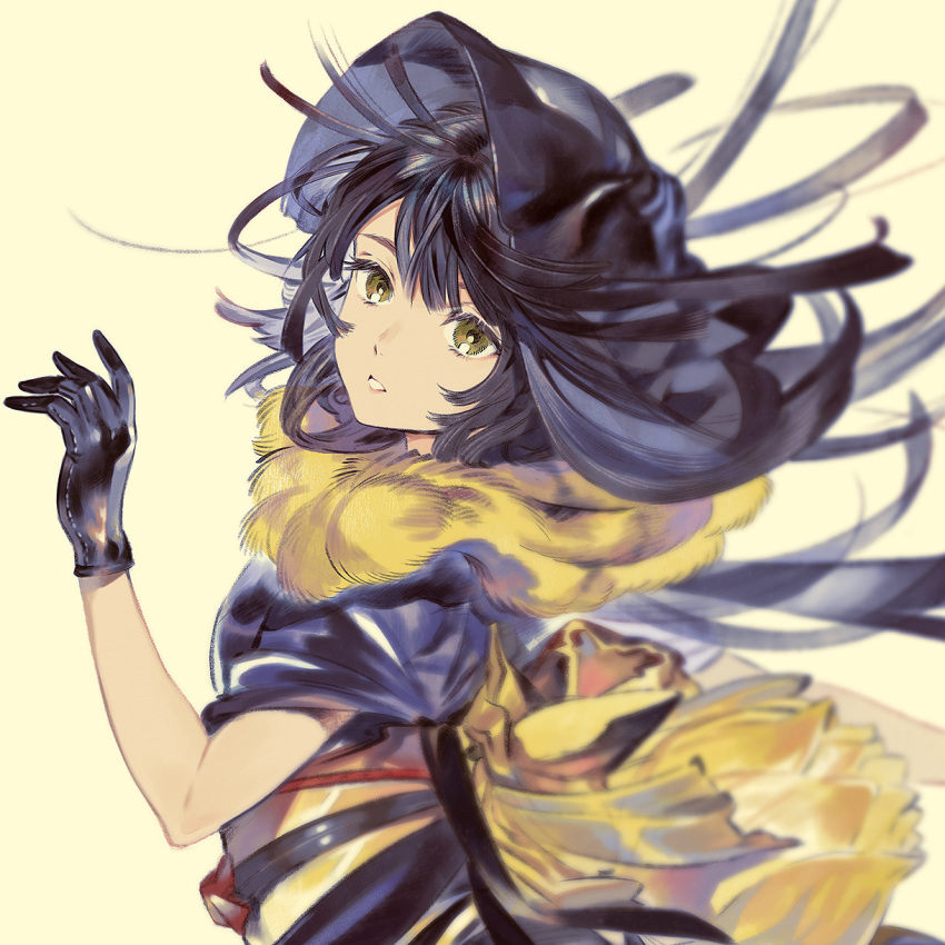 1girl back_bow bangs black_gloves black_hair bow brown_eyes gloves hand_up highres long_hair looking_at_viewer original parted_lips simple_background solo umishima_senbon upper_body yellow_background yellow_bow