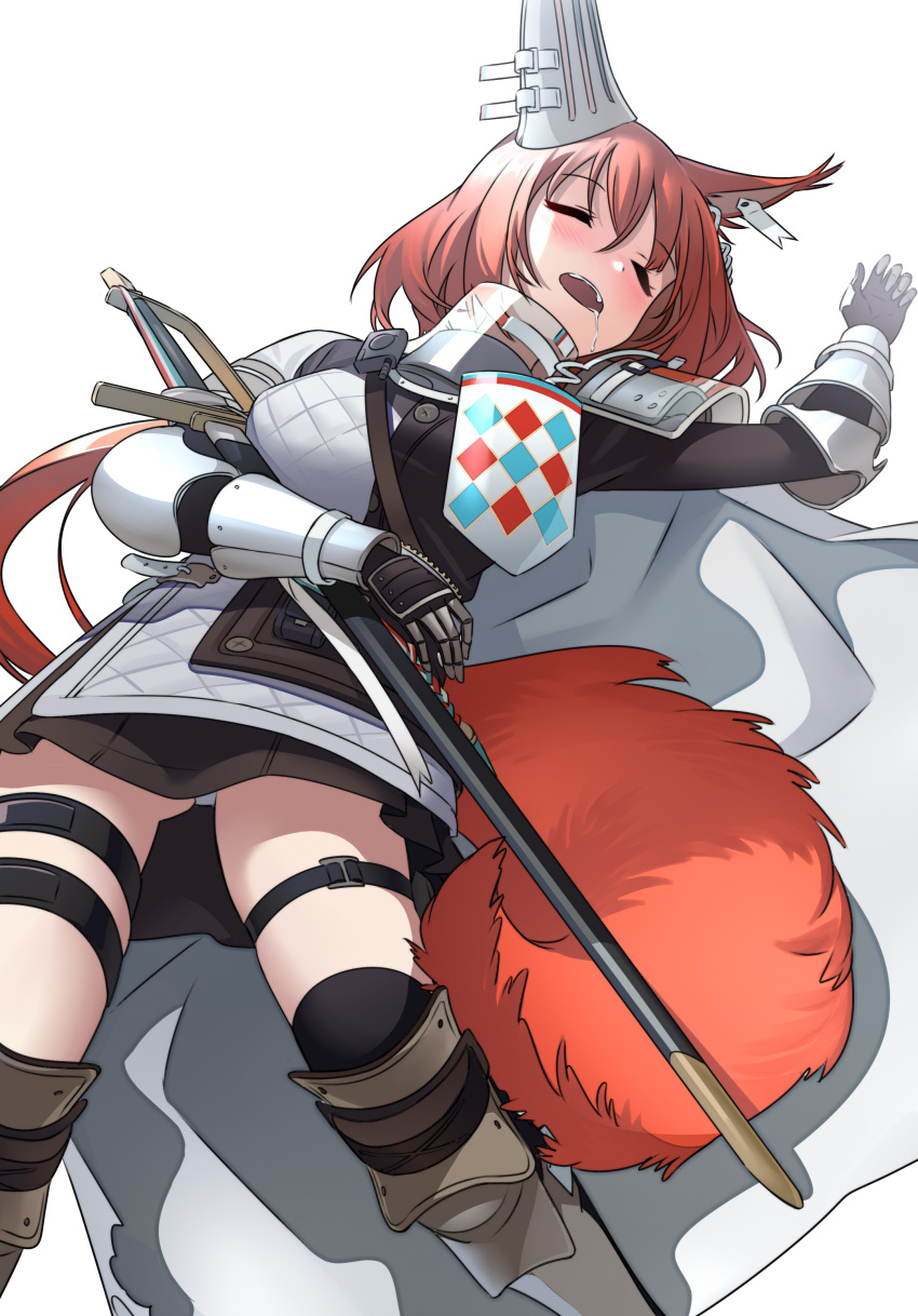 1girl absurdres animal_ears arknights arm_guards armor armored_dress bangs belt belt_buckle belt_pouch black_gloves blush buckle cape closed_eyes ear_ornament eyebrows_visible_through_hair flametail_(arknights) gloves highres holding holding_sword holding_weapon knee_guards liang_chan_xing_make_tu long_hair lying on_back panties pouch redhead saliva saliva_trail sheath sheathed shin_guards skindentation sleeping squirrel_ears squirrel_girl squirrel_tail sword tail thigh_strap underwear weapon white_background white_cape white_panties