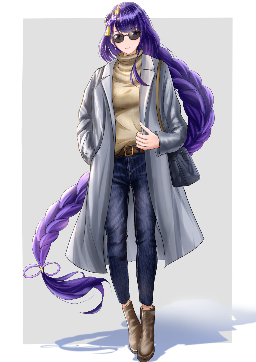 1girl absurdres akizuki_(mizudorif) alternate_costume bag bangs belt blue_pants braid braided_ponytail brown_belt brown_footwear brown_sweater closed_mouth coat denim eyebrows_visible_through_hair full_body genshin_impact grey_coat hair_ornament handbag highres jeans long_hair long_sleeves pants purple_hair raiden_shogun shadow smile solo standing sunglasses sweater very_long_hair violet_eyes