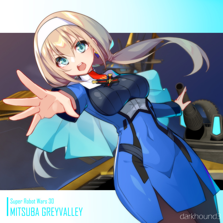 1girl blonde_hair blue_eyes breasts capelet dark_hound_3 hair_behind_ear hairband highres large_breasts low_twintails mitsuba_greyvalley open_mouth signature solo super_robot_wars super_robot_wars_30 twintails white_capelet white_hairband