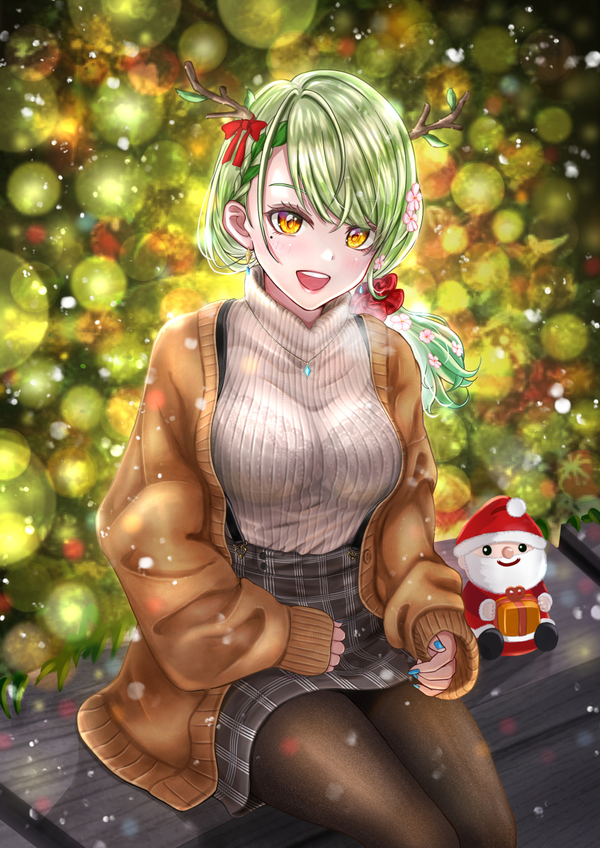 1girl absurdres antlers black_legwear blue_nails bra_visible_through_clothes braid braided_bangs bralines branch breasts ceres_fauna christmas christmas_tree flower green_hair hair_flower hair_ornament highres holocouncil hololive hololive_english large_breasts looking_at_viewer mole mole_under_eye nori_chazuke open_mouth pantyhose see-through sitting skirt sleeves_past_wrists smile suspender_skirt suspenders sweater turtleneck turtleneck_sweater virtual_youtuber yellow_eyes