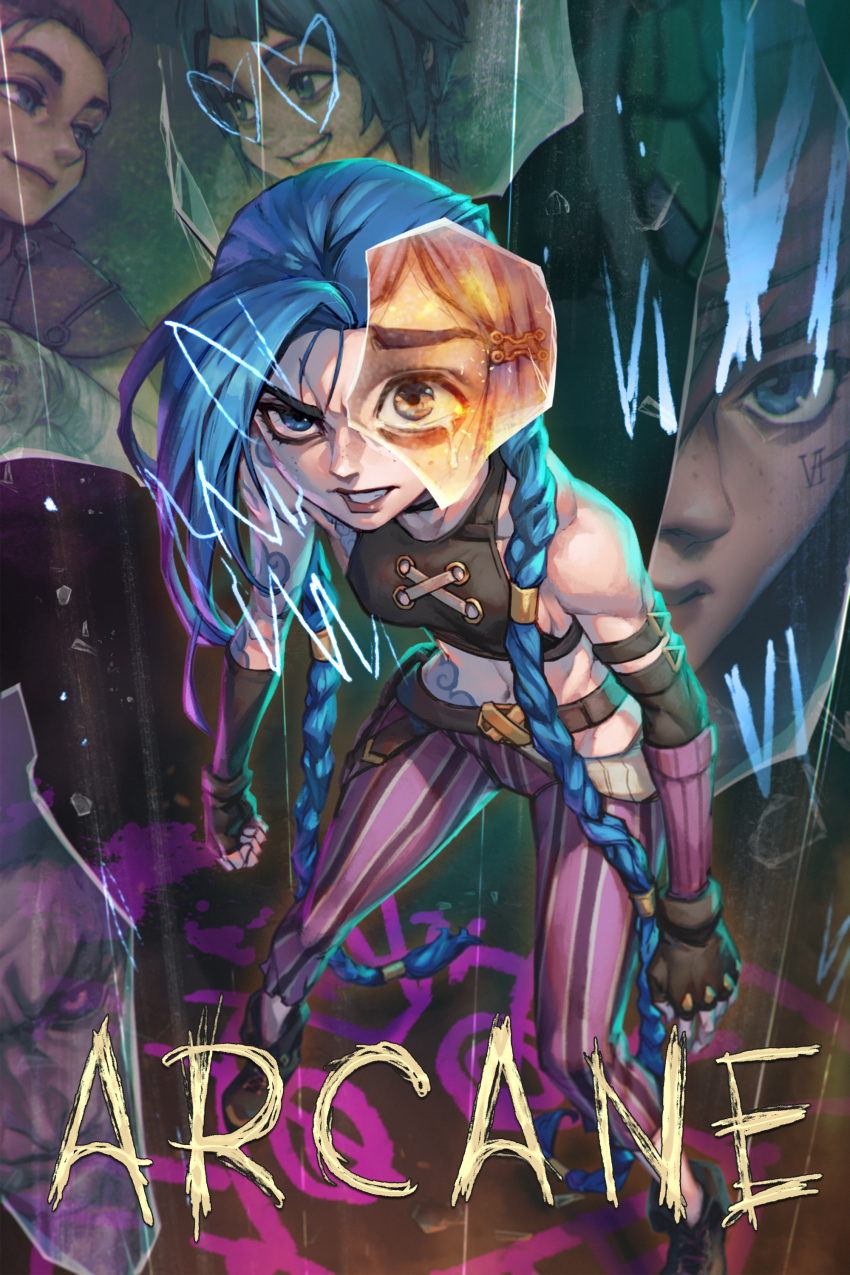 2girls absurdres arcane:_league_of_legends bangs bare_shoulders black_sclera blue_eyes blue_hair braid colored_sclera copyright_name elbow_gloves fingerless_gloves gloves grin hair_ornament hairclip heart highres jinx_(league_of_legends) league_of_legends long_hair looking_at_another multiple_girls navel pants phantom_ix_row pink_eyes shiny shiny_hair smile stomach striped striped_pants teeth twin_braids vi_(league_of_legends) younger