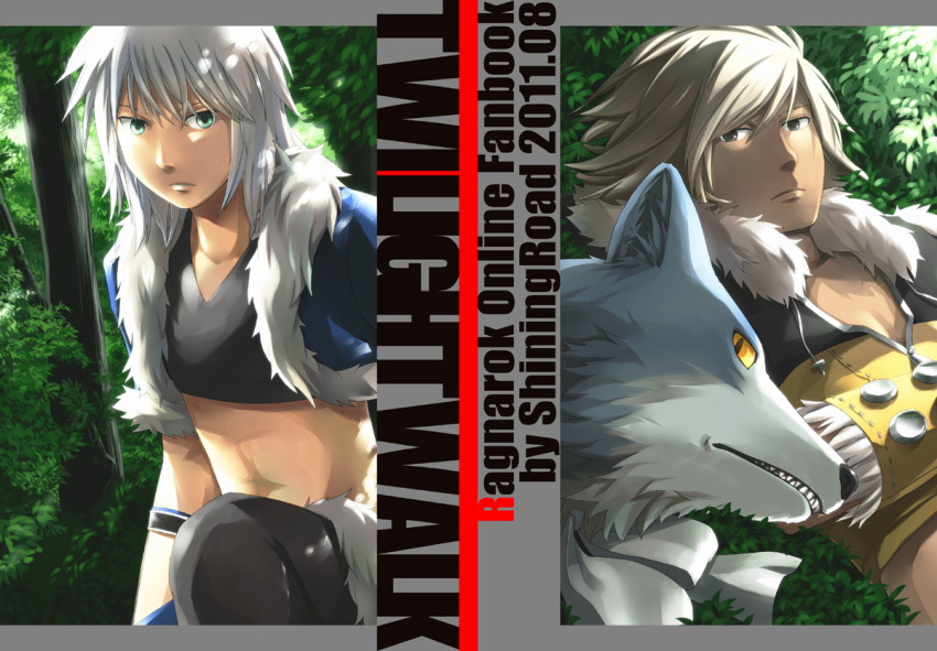 2boys bangs black_eyes black_pants black_shirt blonde_hair blue_cape blue_jacket cape closed_mouth comiket_80 commentary_request cover cover_page crop_top dated doujin_cover english_text expressionless fingerless_gloves fur-trimmed_cape fur-trimmed_gloves fur-trimmed_jacket fur-trimmed_shirt fur_trim gloves green_eyes jacket long_hair looking_at_viewer male_focus midriff multiple_boys natsuya_(kuttuki) open_clothes open_jacket pants ragnarok_online shirt short_hair short_sleeves sleeveless sleeveless_shirt sniper_(ragnarok_online) stalker_(ragnarok_online) two-tone_shirt upper_body waist_cape white_hair wolf yellow_gloves yellow_shirt