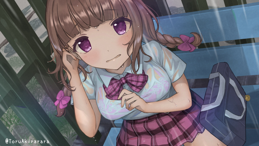 1girl akira_tooru arm_up artist_name bag bangs bow bra bra_visible_through_clothes braid breasts brown_hair collared_shirt commentary_request copyright_request eyebrows_visible_through_hair hair_bow hand_in_hair hand_up highres long_hair looking_at_viewer medium_breasts on_bench outdoors pink_bow pink_bra pleated_skirt rain red_skirt school_bag school_uniform see-through shirt short_sleeves sitting skirt solo twin_braids twintails underwear violet_eyes virtual_youtuber wet wet_clothes wet_shirt wing_collar