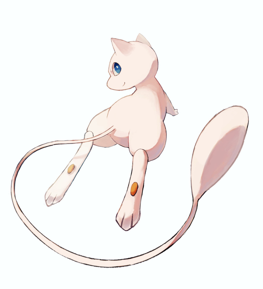 bishamon_(usagi_ba) blue_eyes bright_pupils closed_mouth from_behind full_body highres looking_back mew no_humans pokemon pokemon_(creature) simple_background smile solo toes white_background white_pupils