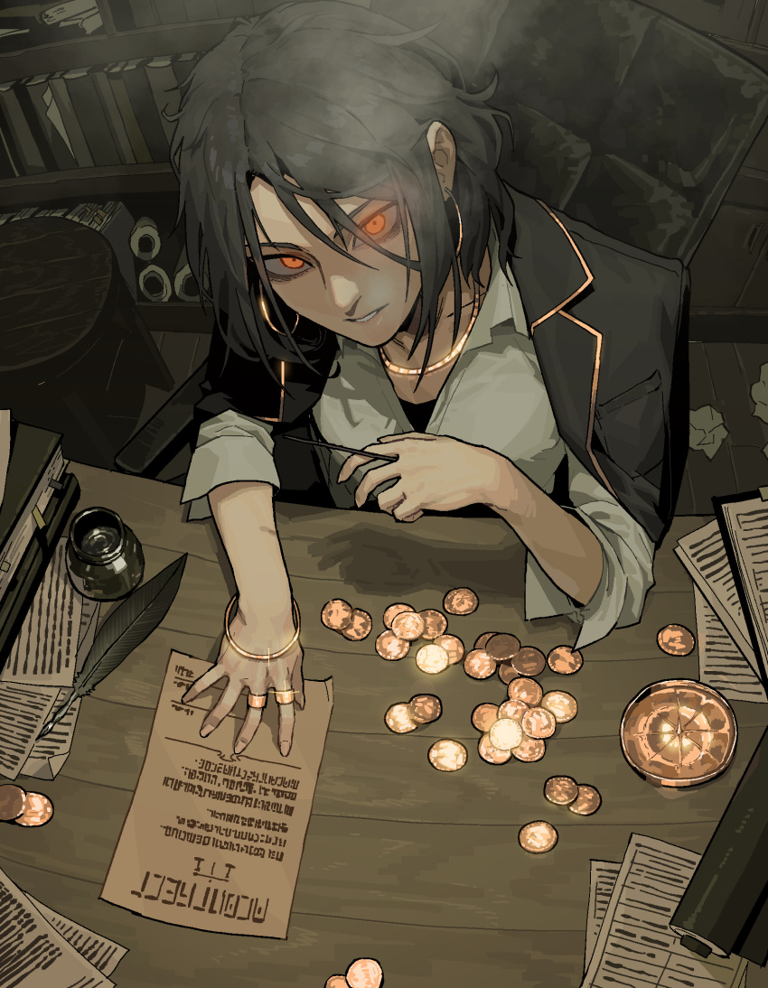 1girl black_hair black_jacket book bookshelf bracelet coin from_above gogalking gregory_(gogalking) grey_shirt highres inkwell jacket jewelry looking_at_viewer medium_hair money necklace original paper parted_lips quill red_eyes ring shadow shirt smoke solo table