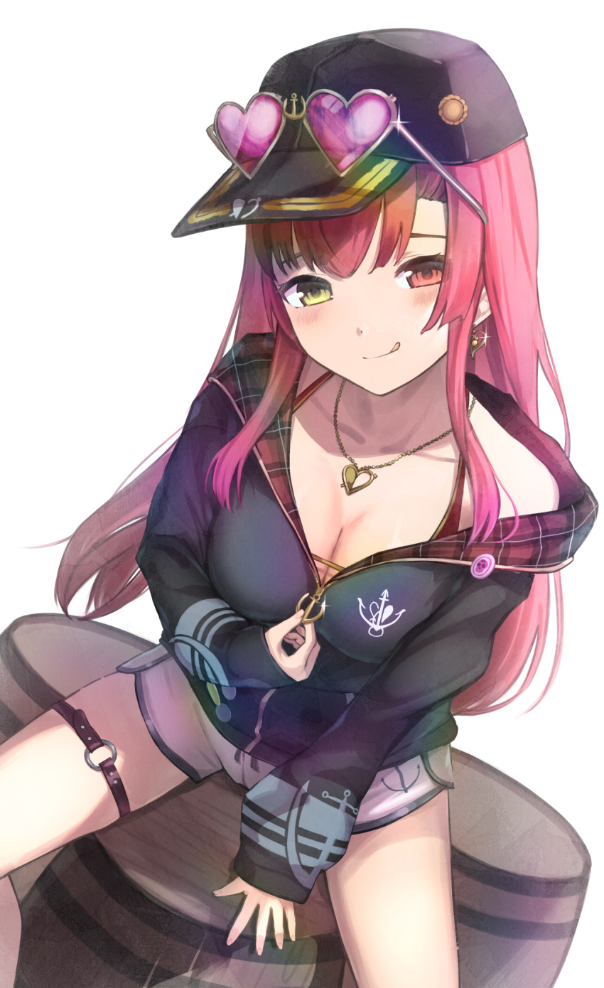 1girl akira_tooru anchor_print bangs barrel baseball_cap bikini bikini_under_clothes black_hair black_headwear blush closed_mouth commentary_request earrings eyewear_on_head hair_down hat heart heart-shaped_eyewear heart_earrings heart_necklace heterochromia highres hololive houshou_marine jacket jewelry long_hair long_sleeves looking_at_viewer off_shoulder official_alternate_costume print_jacket red_eyes redhead short_shorts shorts simple_background sitting sleeves_past_wrists smile solo spread_legs swimsuit thigh_strap tongue tongue_out very_long_hair white_background white_shorts yellow_eyes zipper_pull_tab