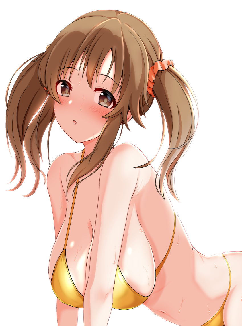 1girl absurdres bangs bikini blush breasts brown_eyes brown_hair commentary_request eyebrows_visible_through_hair hair_ornament hair_scrunchie hanging_breasts highres huge_breasts idolmaster idolmaster_cinderella_girls leaning_forward looking_at_viewer navel open_mouth raindrop746079 red_scrunchie scrunchie simple_background solo stomach swimsuit totoki_airi wet white_background yellow_bikini